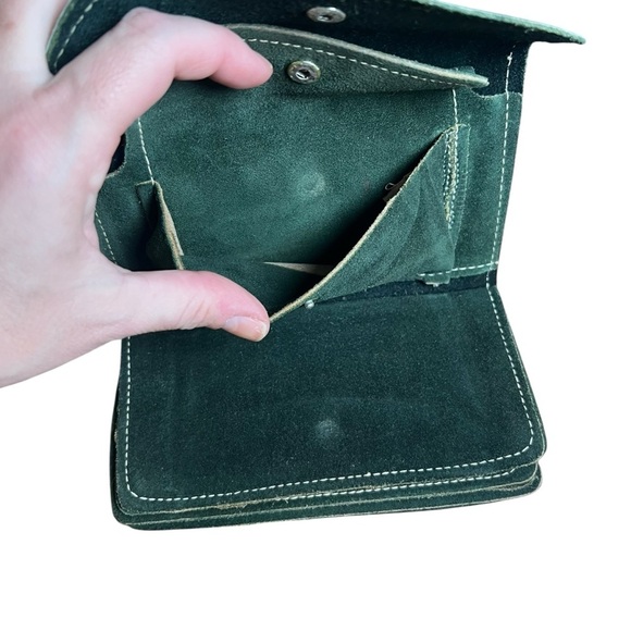 VTG 70s Leather Folding Wallet Suede Checkbook Top Grain Cowhide Green USA Made - Picture 10 of 11